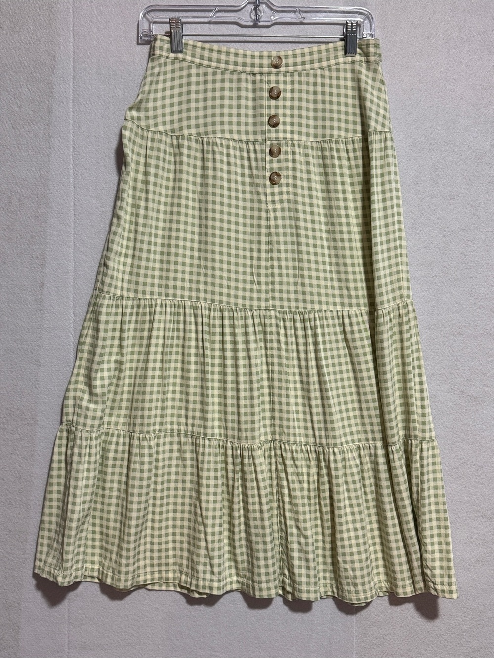 Re Generation Gingham Tiered Maxi Skirt in Sage Green